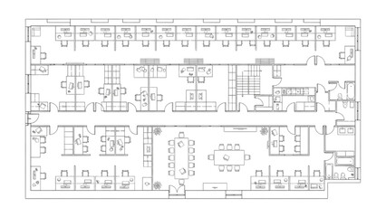 Black Line Illustration of Office Layout – Cubicles, Desks, Meeting Rooms, and Workspace Organization Floor Plan