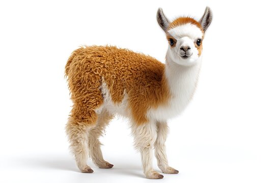 Cute baby guanaco standing and looking forward isolated on white background
