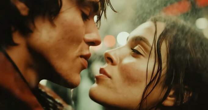 Couple Spontaneous Kiss Rain Candid Blurry Background Emotional