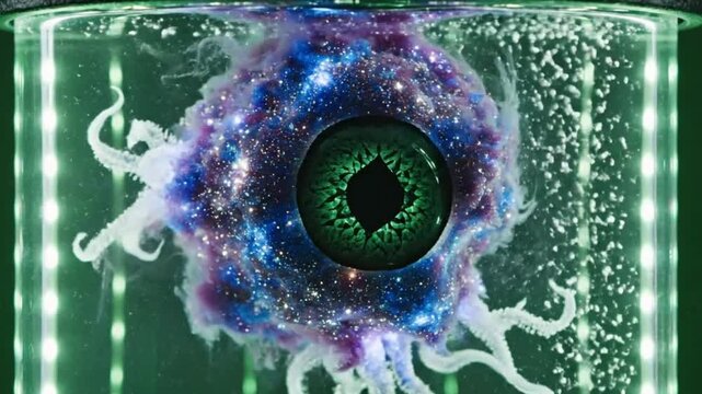 Cosmic alien organism with a prominent green eye and evolving tentacles, contained within a futuristic, glowing green lab apparatus.
