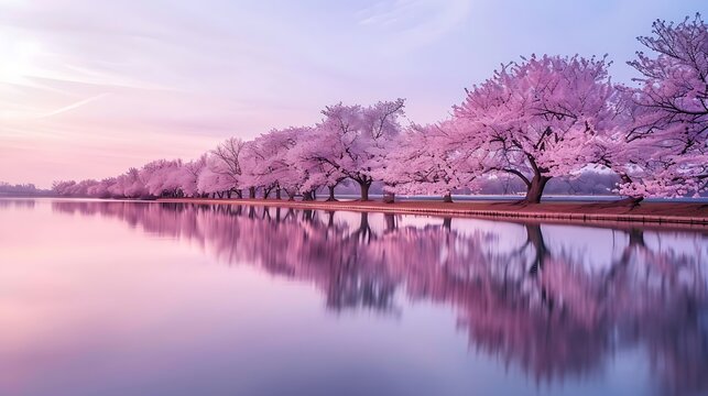 Row of cherry blossom trees along riverbank,