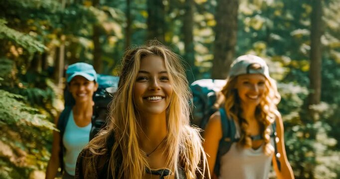 Friends Hiking Forest Dappled Sunlight Candid Natural Smiles