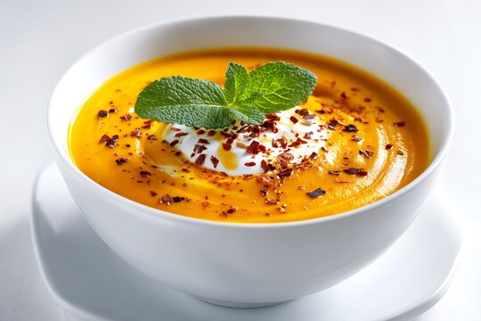 Delicious creamy orange soup with mint and spices isolated on white background - Powered by Adobe