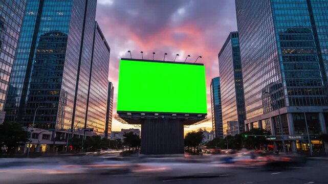 Dynamic City Flow with modern billboard a green screen for advertising on busy crossroad street traffic and skyscrapers timelapse of at sunset loop video distortion, overlay, glitch, static noise