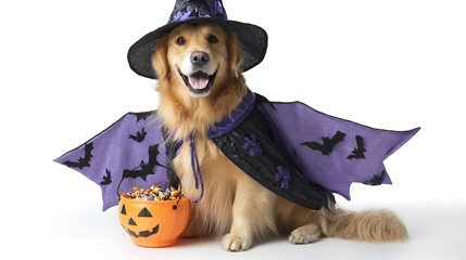 Golden retriever dog wearing a witch costume with a halloween candy bucket isolated on white background