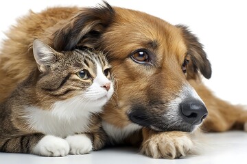 Close up of a dog and cat cuddling together isolated on white background