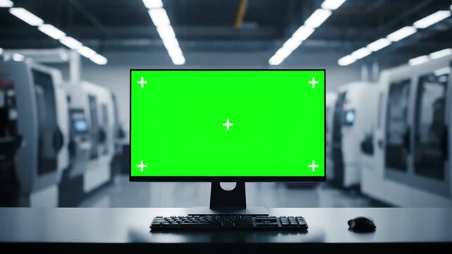 Industrial Tech Workstation with senior engineer in glasses is working on a desktop computer green screen monitor factory shot red cinema camera distortion, overlay, glitch, static noise, scan lines