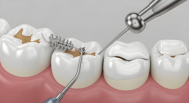Dental Restoration Procedure Tooth Cavity Treatment using Dental Tools and Filling/Inlay.