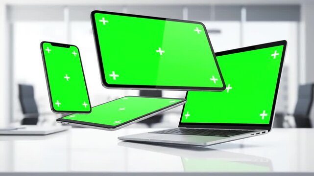 Chroma Key Compositing Elements with levitating devices on office desk for responsive web design presentation isolated screens in green mockup distortion, screen overlay, glitch, static noise, scan