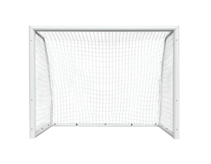 A frontal view of an empty goalpost, white with a net against a black background