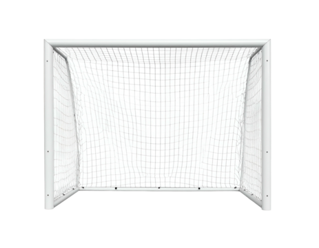 A frontal view of an empty goalpost, white with a net against a black background