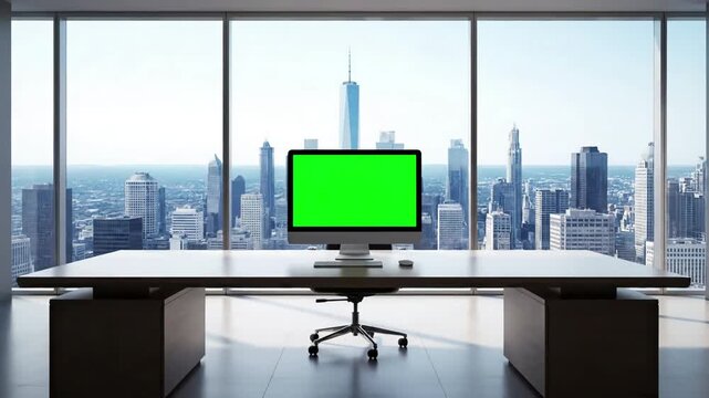 Green Screen Technology with desktop computer monitor mock up chroma key display standing on the desk in modern business office background glass wall big city zoom out shot distortion, overlay