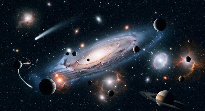 Cosmic galaxy scene with planets stars and comet in deep space