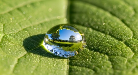 Clear water droplet on a green leaf reflecting a landscape under sunlight