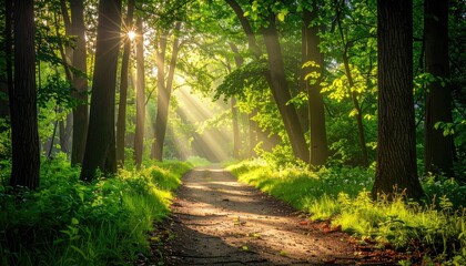 Obraz premium Sunbeams Filter Through Lush Green Forest Trees Illuminating A Dirt Path With Wildflowers And Lush Greenery Creating A Peaceful Morning Atmosphere
