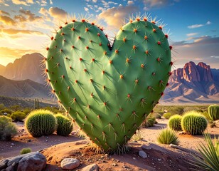 A heart-shaped cactus stands in a desert landscape with mountains