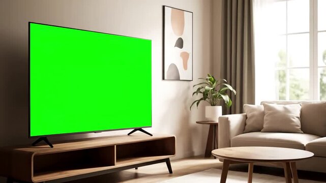Cozy Living Room Scene with display green screen in and well lit distortion, overlay, glitch, static noise, scan lines on black background, 4k animated video loop