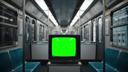 Chroma Key Utility with old television set green screen in subway car 4k resolution distortion, overlay, glitch, static noise, scan lines on black background, animated video loop - Powered by Adobe
