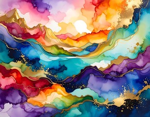 A vibrant abstract landscape features swirling, watercolor-like hues, layered with golden accents. Majestic mountains and a radiant sun are depicted
