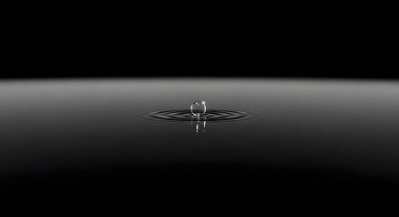 Water droplet impact creating ripples on reflective surface in dark environment
