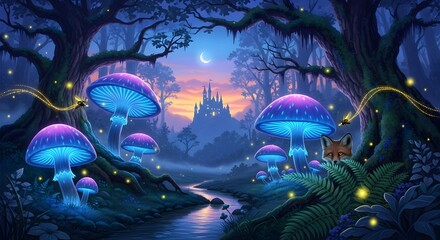 Enchanted forest scene with glowing mushrooms and castle in the moonlight