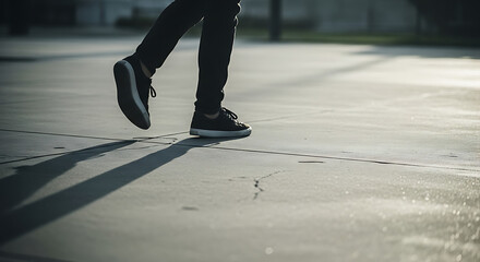 Obraz premium Person Walking on Concrete Surface Footwear, Legs, and Shadow on an Urban Outdoor Setting