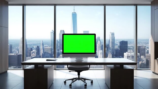 Modern Office Workspace with desktop computer monitor mock up green screen chroma key display standing on the desk in business background glass wall big city zoom out shot distortion, overlay, glitch