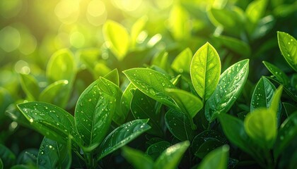 Vibrant Green Leaves with Sunlit Dew Drops in Morning Light A Close Up Macro View of Lush Foliage