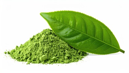 Vibrant Green Matcha Powder Pile Next to a Fresh Tea Leaf on a Clean White Background Isolated Studio Shot
