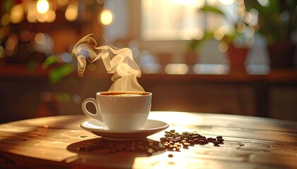 Steaming Coffee Cup on Wooden Table in Soft Morning Light with Blurred Background and Bokeh Lights