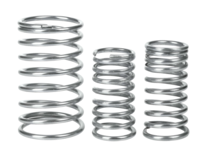 Three shiny, silver, coiled springs of varying heights on a stark black background