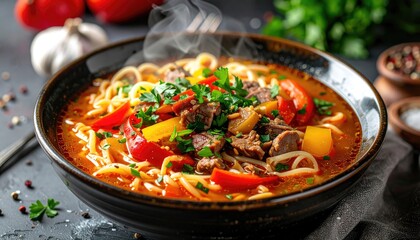 Steaming hot bowl of hearty beef noodle soup brimming with tender beef chunks colorful bell peppers and fresh parsley garnish on a dark textured surface with spices in background