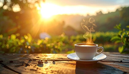 Steaming cup of coffee on a rustic wooden table bathed in the warm golden glow of a sunrise over lush green hills and trees