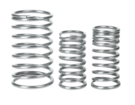 Three shiny, silver, coiled springs of varying heights on a stark black background