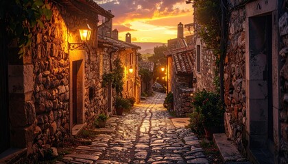 Stone Cobblestone Street Lined With Ancient Buildings Illuminated By Warm Lantern Light At Sunset With Distant Hills Visible Under A Golden Sky