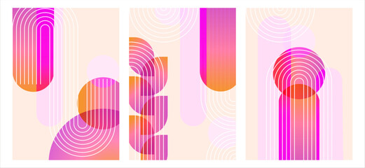 A set of abstract geometric prints in pink and orange tones. Minimalistic banner templates. Modern posters with linear shapes and gradient elements.