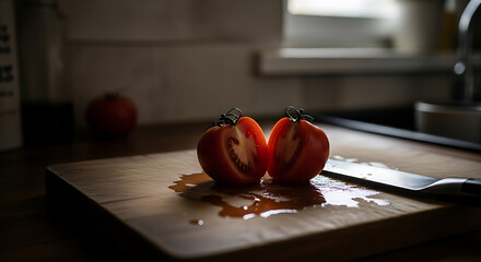 Freshly Sliced Tomato on Wooden Cutting Board, Culinary Preparation