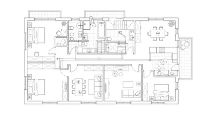Detailed Black Line Art of Plumbing, Fixtures, and Furniture Arrangement – Architectural Floor Plan Illustration