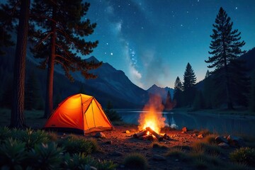 Serene Summer Night Camping Crackling Campfire Illuminates Tents Nestled Among Majestic Trees Under a Starry Sky. Wilderness Adventure Awaits.
