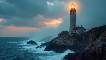 Coastal beacon illuminating stormy seas at twilight A tall, weathered stone lighthouse standing on a rocky cliff edge. Its powerful beam of light pierces through dense fog and illuminating crashing,