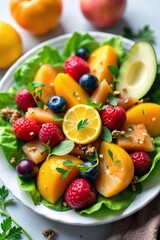 Vibrant Summer Fruit and Vegetable Platter A Colorful and Appetizing Arrangement Perfect for Healthy Eating, Summer Recipes, Cookbooks, and Food Blogs.