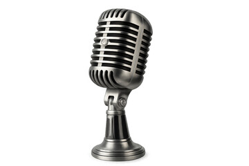 Fototapeta premium Retro microphone on stand, vintage chrome audio equipment for broadcasting, podcasting, and music performances