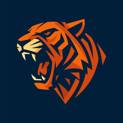 Vector Illustration of a Roaring Tiger Head in flat style with bold orange color and dark blue background.