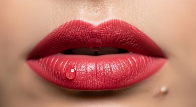 Close-up of Red Lips with a Water Droplet for Beauty and Fashion.