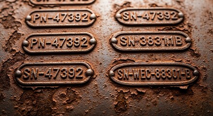 Close-up of Weathered Metal Plates with Serial Numbers and Part Numbers.