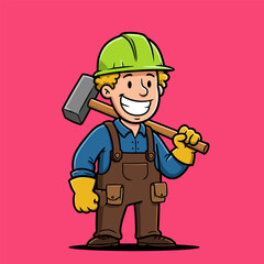 cartoon builder holding wrench and hammer wearing helmet and smiling