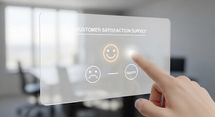 A hand selecting a happy face on a customer satisfaction survey on a transparent screen in an office