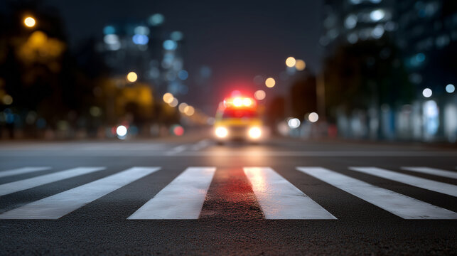 Emergency response vehicle with flashing lights approaching a pedestrian crosswalk at night in an urban setting, showcasing city life and safety concerns