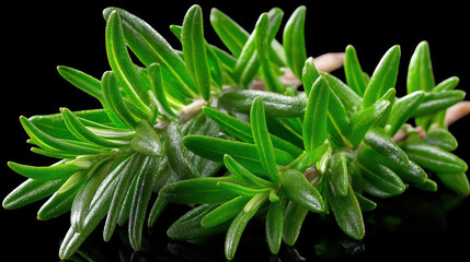 Fototapeta premium Fresh rosemary sprigs with vibrant green leaves, showcasing their aromatic and culinary appeal, perfect for enhancing dishes and garnishing