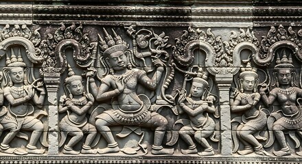 Ancient Carvings of Dancers and Figures on a Stone Wall.